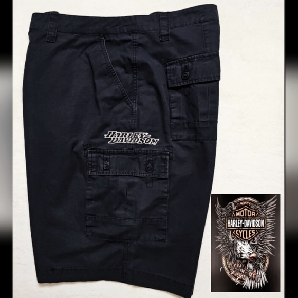 Harley Davidson Black Cargo Shorts. Men's Big & Tall Size: W44x10 1/2L - Picture 1 of 13